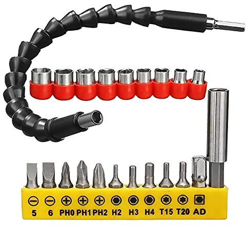 Kigauru 22 Stück flexible Bohrerverlängerung, biegbarer Bit, 1/4 Zoll, magnetischer Sechskant, weicher flexibler Schaft mit Steckschlüssel, Bohrer und Schraubendreher-Sets für Computergehäuse,