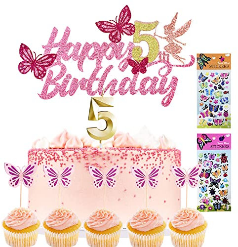 Tortendeko Mädchen Cake Topper 5. geburtstag 13 Stück Schmetterlinge deko +1 Geburtstagskerze+2 Sticker kinder Kuchen Deko Geburtstag deko mädchen Tortendeko Geburtstag, (5)