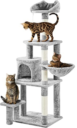 Yaheetech Árbol de Gatos con Plataforma Torre con Nido para 1-3 Gatos Medianos 48.5x40.5x145 cm Gris Claro Gris Claro