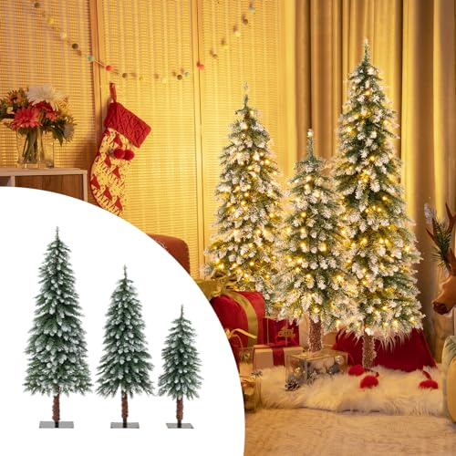 COSTWAY 3er Weihnachtsbaum Künstlich, 90+120+150cm, Christbaum mit Schnee & warmweißen LED-Lichtern, schmaler Tannenbaum mit Metallständer, verschneiter Kunstbaum Weihnachten PVC Nadeln, Grün