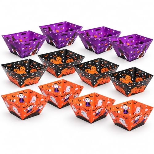Cabilock 12 Stück Halloween Snackboxen, Süßigkeiten Boxen, Partygeschirr | 12 Boxen in 3 Halloween-Motiven, je 4 pro Design, ca. 18,5 x 10,1 x 9,9 cm, für Popcorn, Kekse und verpackte Süßigkeiten