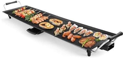 KOMFOTTEU Elektrogrill 1800W, elektrische Grillplatte mit Antihaftebeschichtung, Grill mit 6 Holzspatel & 2 Antihaft-Eierringe, Temperatur einstellbarer Tischgrill 90x23 cm für BBQ Party