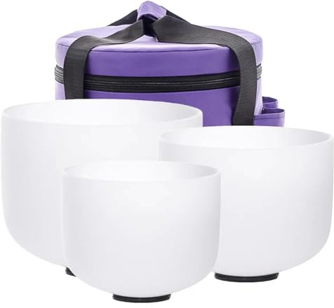 TRAYAYA 432Hz Kristall Klangschale Set 12 C 10 F 8 A White Set Of 3 Pcs Quartz Crystal Singing Bowl Set 8-12 Zoll mit Tragetasche