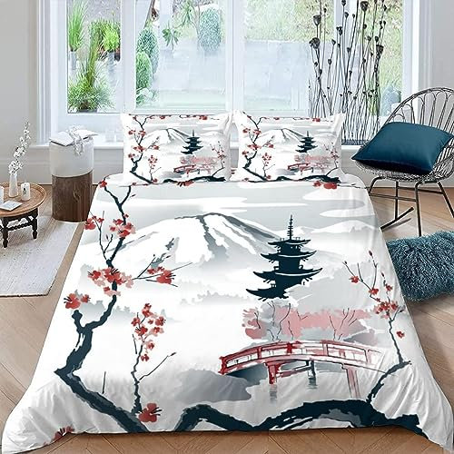 MUNOOR Housse de Couette 140x200 Paysage Japon avec Fermeture Éclair Fleurs De Cerisier Parure de Lit 1 Personne Enfant Fille Garçon Microfibre Ensemble de Literie avec 2 Taies d'oreiller