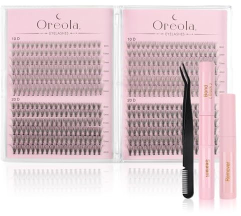 Oreola Kit de cils individuels 456 pièces avec Bond Seal et pince à épiler, dissolvant de colle, Faux cils DIY à la maison Extension de cils en grappe 0.1D D Curl, aspect naturel vaporeux (8-14MM)