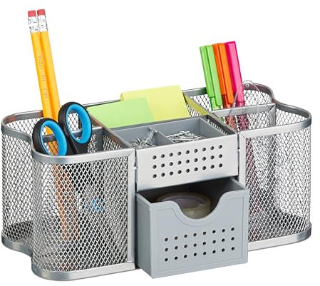 Relaxdays Schreibtisch Organizer, Büro Organizer mit Stiftehalter & Schublade, Metall, HBT: 10 x 23,5 x 11,5 cm, Silber