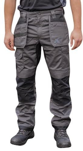 Xpert - Core Stretch Work Trousers Mens. Modern Fit Combat Cargo Pants Holster Work Trousers with Stretch Panels and Knee Pad Pockets (34W / 29L) Grey/Black