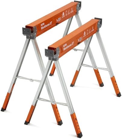 Bora Workhorse XT - Cavalletto per sega, confezione da 2 pezzi, pieghevole, resistente, regolabile in altezza, con gambe regolabili, robusto cavallo per seghe per appaltatori, banco da lavoro