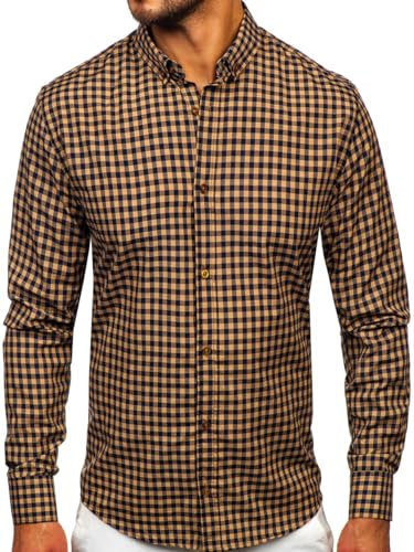 BOLF Homme Chemise a Manches Longues A Carreaux Decontractee Chemisier Elegante Affaires Fete Choix de Couleur Classique Basic Slim Fit Casual Style 22747 Marron XL [2B2]