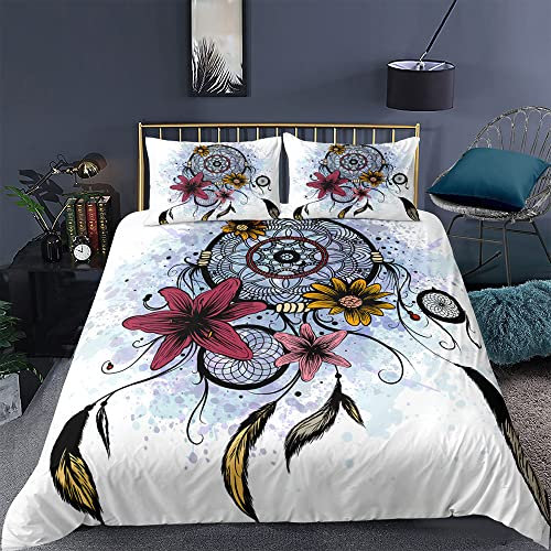 Michorinee Bettwäsche Traumfänger 155x220 Blumenmuster Microfaser Federn Motiv Bohemian Style Weiß Dreamcatcher Bettwäsche Set - Bettbezug 155 x 220 cm + Kissenbezug 80 x 80 cm