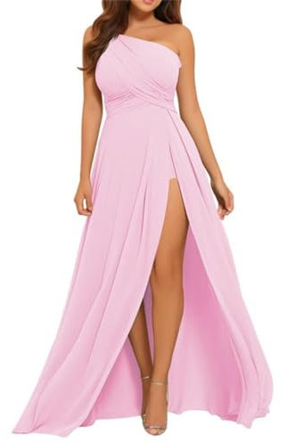 WSEYU Robes de demoiselle d'honneur asymétrique avec fente en mousseline de soie Robes formelles avec poches Robe de demoiselle d'honneur, rose bonbon, 42