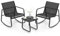 COSTWAY Salon de Jardin 3 Pièces avec Chaises à Bascule Table en Verre, Ensemble de Meuble Extérieur 2 Fauteuils Cadre Métallique Charge 150KG, pour Porche Bord de Piscine Balcon (Noir)