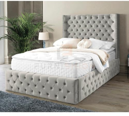 Furnishion Upholstered Wingback Small Double Bed Frame - Silver Plush Velvet Bed Frame with 48inch High Headboard - Mattress not Included - Wooden Slat Support