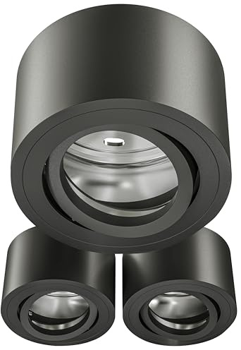 MATO 3x Aufputz Spot schwarz - extra flach & schwenkbar - Ø80x50mm - Aufputz Spots Decke ohne Leuchtmittel - Deckenspots, Aufbaustrahler, Aufbauleuchte für LED Module mit 50mm