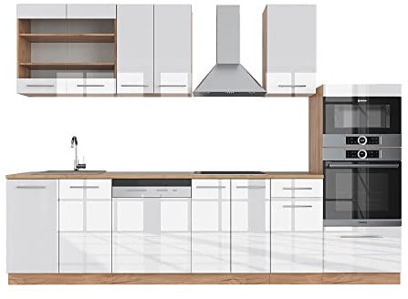 Vicco Küchenzeile Fame-Line, Weiß Hochglanz/Goldkraft Eiche, 300 cm mit Hochschrank, AP Eiche