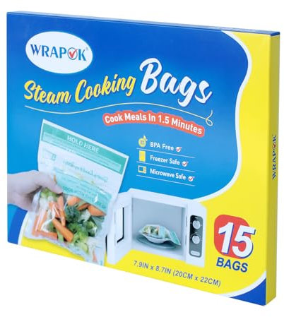 WRAPOK Microwave Steamer Bags 15 Pack Zip Steam Vegetable Cooking Bag for Potatoes Meat, 7.9 X 8.7 Inches