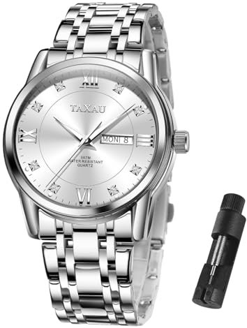 Taxau Uhr Silber Herren Analog Uhr Für Manner Wasserdicht Luxus Herren Armbanduhr Edelstahl Herrenuhren Datum Business Men's Watches