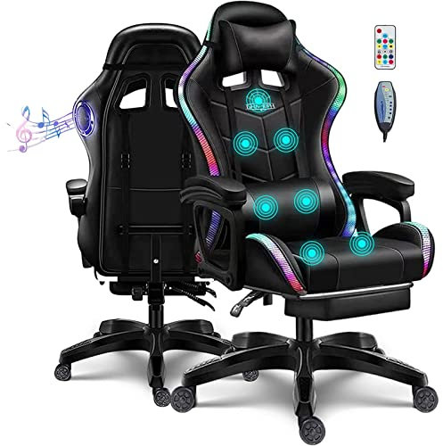 EUOCHLFZ Silla Gaming con Altavoz RGB LED Lights para Aldult Video Chair Masaje PU Silla de Carreras ergonómica de Cuero con Soporte Lumbar Ajustable y función de inclinación del reposacabezas,Negro