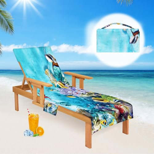 Oemmn Ozean Schonbezug für Gartenliege Mikrofaser Schnelltrocknend Strandhandtuch mit 2 Taschen Frottee Liegenauflage Garten Sonnenliege Handtuch für Schwimmbäder, Strände, Garten
