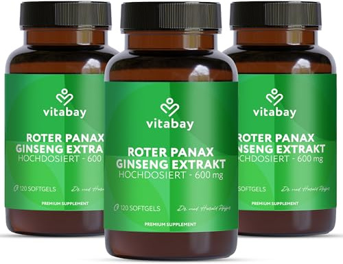 Vitabay Roter Ginseng Kapseln Hochdosiert 600mg - 360 Panax Ginseng Extrakt Kapseln Vegan - Liefert 20% Ginseniode - Laborgeprüft & ohne unerwünschte Zusätze