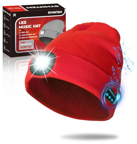 SYMNTEM Rechargeable Unisex Beanie Hat with Light, Cool Gadget for Women, Birthday Gifts for Men, Gifts for Him, Red, L