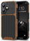 TENDLIN Compatible with iPhone 16 Case Wood Grain with Carbon Fiber Texture Design Leather Hybrid Slim Case (Black)