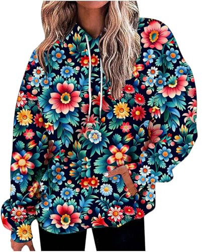 Hoodies für Damen, Winter, trendig, Kordelzug, Blumenmuster, lange Ärmel, Hoodies, Bluse mit Taschen, locker sitzend, Kapuzen-Sweatshirt, lässiger Pullover, Tops zum Ausgehen, 015#Blau, L