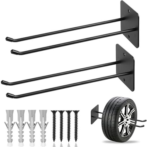 2 Pcs Ganchos para Colgar Bicicletas Ganchos, Gancho Pared de Garaje, Gancho Bicicleta Pared, Soporte Ganchos Dobles Negros para Colgadores Organizador Herramientas de Jardín Neumáticos de Coche
