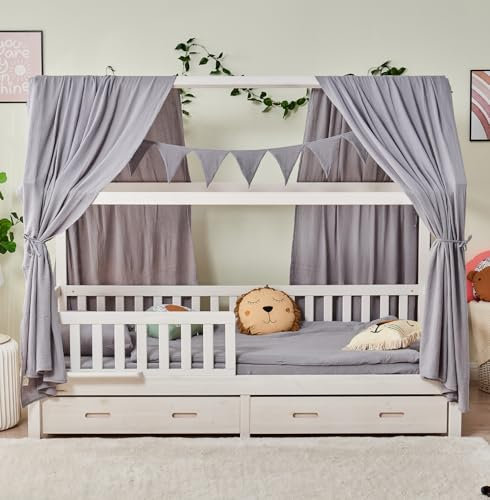 ALAVYA HOME Hausbett KOMPLETT Set I Kinderbett 80x160 cm mit Schubladen inkl. Deko und Matratze mit Rausfallschutz und Lattenrostt (Grau - mit Matratze+Schubladen+Musselin DEKO, 80 x 160 cm)