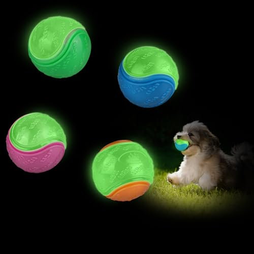 QKURT 4 Stück Glow Ball, Glow In The Dark Hundeball, Leuchtende Gummi-Hundebälle mit hoher Sprungkraft, Interaktive Hund Ball, Hundeball Spielzeug leuchtet im Dunklen