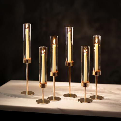 NUPTIO Verre Bougeoir Cylindrique À Bougies - Lot de 6 Clair Centres de Table de Mariage Décoration de Table de Salle À Manger pour Cheminée
