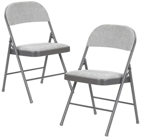 Taylor & Brown 2 x Deluxe Grey Fabric Padded Folding Chairs with Heavy Duty Metal Frame Folding Back Rest Chair for Home Garden Office Computer Desk - Size 46cm x 46cm x 79cm