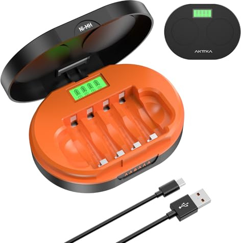 AKTTKA Chargeur 4 Emplacements AA/AAA NiMH/NiCd USB 5V/2A LCD | Avec Fonction De Rangement, Charge Rapide jusqu'à 85%+, Tension/Courant Constants, Minuterie MCU, Protections Multiples