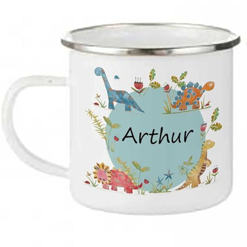 Personalised Dinosaur Camping Mug -Kids Cups-Custom Made Mug- Outdoor Mug Boy Girl Personalised, Tin 11 oz.