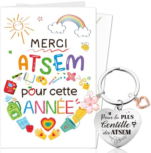 DPKOW Idée Cadeau Maternelle ATSEM Merci Carte avec Enveloppe Porte-Clé Cadeau ATSEM d'École Fin d'Année, Cadeau Merci ATSEM pour Cette Année, Pour la Plus Gentille des ATSEM