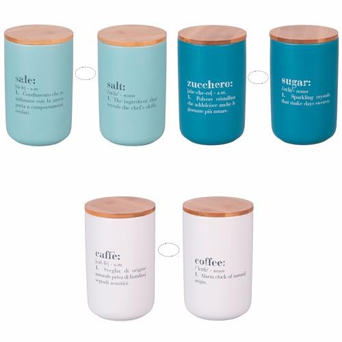 Set 3 barattoli sale, zucchero e caffè 1000 ml in ceramica, coperchio in bambù, Victionary