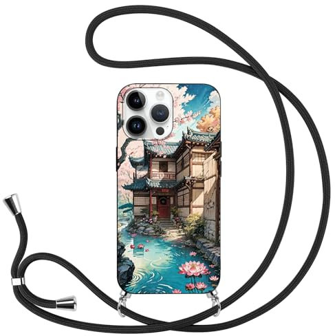 Coque avec Cordon pour Huawei P30 Pro 6.47'' , Fleurs de Cerisier du Japon Dessin Animé Aesthetics Motif Silicone TPU Housse Étui avec Chaîne Collier Réglable Téléphone Portable Lanyard Case, Lotus