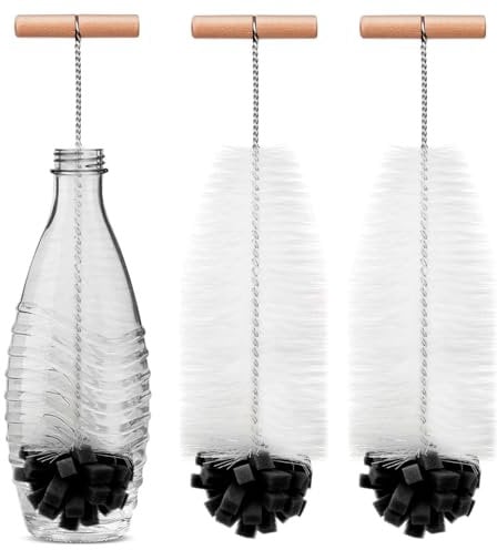 AOOTE 2Pcs Bottle Brush for Cleaning, 33cm Narrow Neck Bottles Flask Cleaner Brush Compatible with SodaStream Glass Bottle, Cleaner Brushes with Wood Handle, Hard Bristles and a Soft Spong, Black