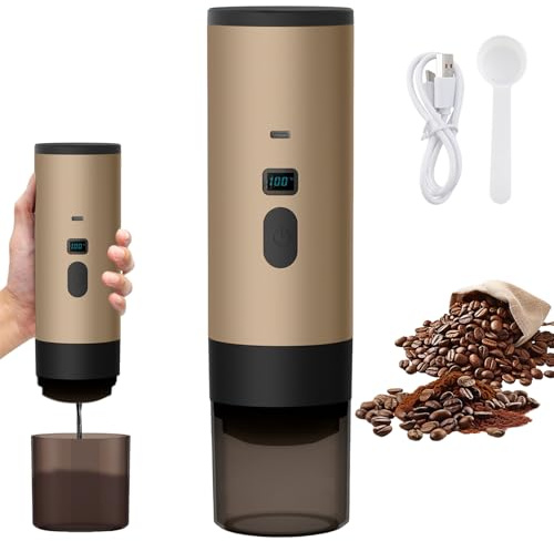 Tragbare Espressomaschine mit Akku,3 in 1 Kapsel Kaffeemaschine Kompatibel mit Kapseln & Gemahlener Kaffee,für unterwegs oder Camping,mit elektrischer Selbsterhitzung über USB-C (Champagnerfarbe)
