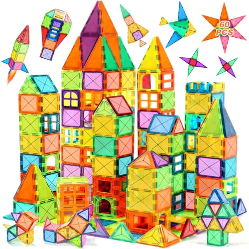 YGVQN 60 Magnetische Bausteine Kinderspielzeug, STEM Lernspielzeug für Kinder ab 3 Jahre - Kreatives Magnetspielzeug für Jungen & Mädchen, Montessori Sensorik Spielzeug für Vorschule & Kindergarten