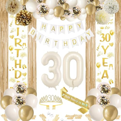 30 Geburtstag Deko Weiß Gold, 30. Party Mädchen Deko, Beige Gold Ballon Deko, Happy Birthday Girlande Tür Banner, Lametta Vorhänge, Geburtstags Schärpe für Frauen Mädchen 30 Geburtstag Deko