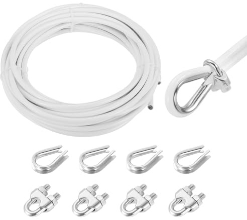 sourcing map Cavo in acciaio inossidabile 304, 10 m, rivestito in vinile da 8 mm, con 4 mandrini a vite e ditale per ringhiere, terrazze, appendere, stendibiancheria, bianco, 10 m