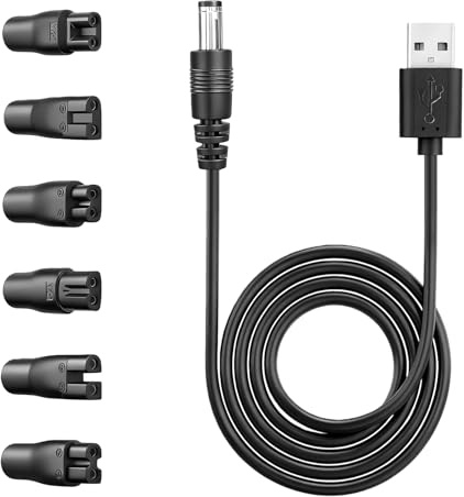 Flintronic 7PCS Electric Shaver Charger Cable Kit, 5V USB Power Cord Replacement with 6 Power Adapters, Suitable for Electric Hair Clippers, Beard Trimmers, Shavers, Grooming Devices, and Purifiers