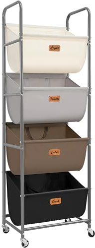 STORAGE MANIAC Vertical Rolling Laundry Hamper, 4 Section Laundry Sorter with Wheels and 2 Breaks, 4-tier Laundry Baskets for Small Space, Dorm, Laundry Room, Closet, Multicolored 4-tier
