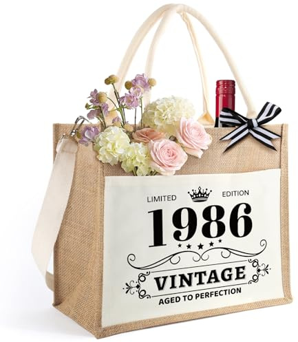 HSDSH 40. Geburtstag Geschenk Frau, Vintage 1986 Jutetasche Einkaufstasche Tragetasche Jute Tote Bag, 40. Geburtstagsgeschenk für Frauen, Mama, Kollegin, Freundin, Schwester, Ehefrau, Erzieherin