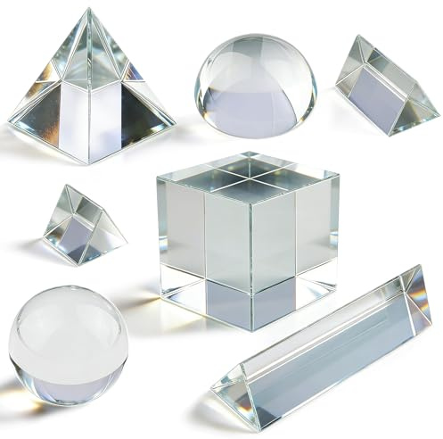 7 Pack K9 Optical Crystal Photography Prism Set, Include 1-4in Triangular Prism, 2in Crystal Glass Prism Cube, 2in Crystal Ball, 2in Dome Magnifier, Light Prism for Physics Teaching Photography Play