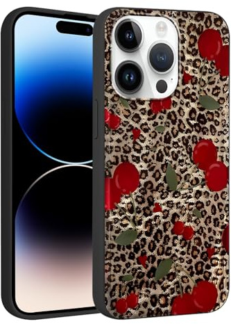 Foonary Leopard Cherry Print Case for iPhone 14 Pro 6.1,Cute Aesthetic Design Silicone Soft cheetah print Pattern Phone Cover for Girls, Preppy Shockproof Protective Case for Women