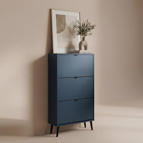 Newroom Schuhschrank Pastellblau schmal Schuhkipper 3 Klappen für Flur | je Klappe 2 Ablageebenen, 70x125x24 cm, Schuhregal platzsparend, Füße Schwarz, Diele und Eingangsbereich, zum Einzug
