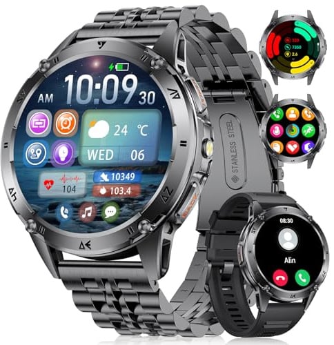 Smartwatch Herren mit Telefonfunktion, 1.43AMOLED Display Fitness Tracker mit LED Taschenlampe, 530mAh Akku Fitnessuhr mit 110+Sportmodi, Herzfrequenz/Schlafmonitor IP68 für Android iOS, Schwarz