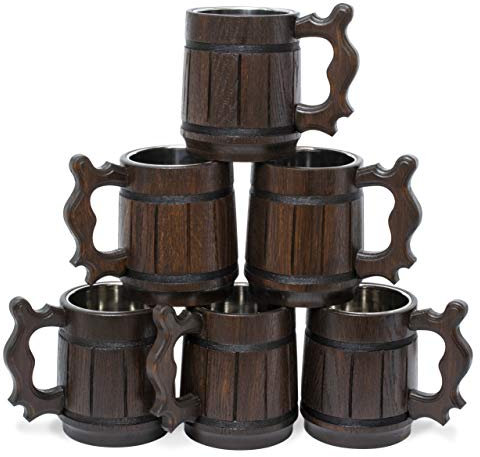 MyFancyCraft Bierkrug, Holz-Bierkrug, Edelstahlbecher, Handgefertigte Geschenke für Männer, Vatertag, Weihnachten oder Geburtstag, Retro-Braun, 6 Stück